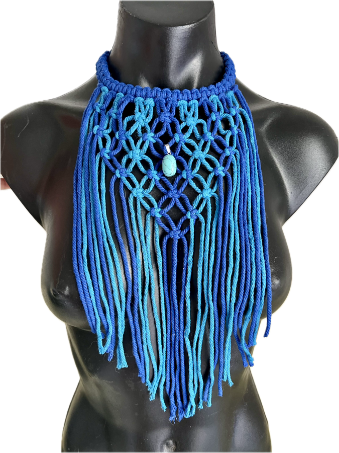 Blue macrame necklace with turquoise crystal